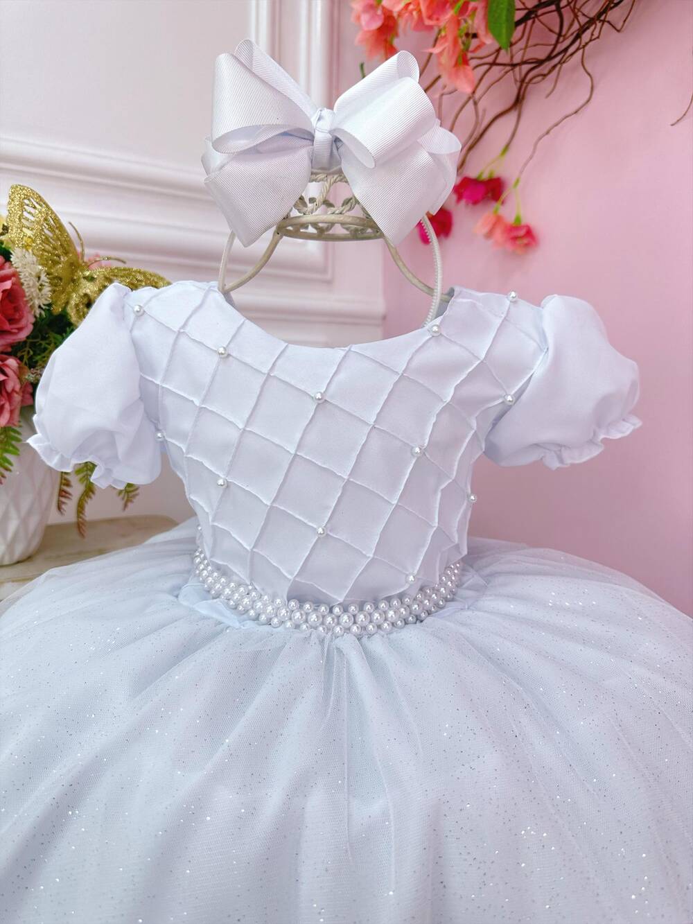 Vestido Infantil Branco Busto Nervura C/ Pérolas Festas