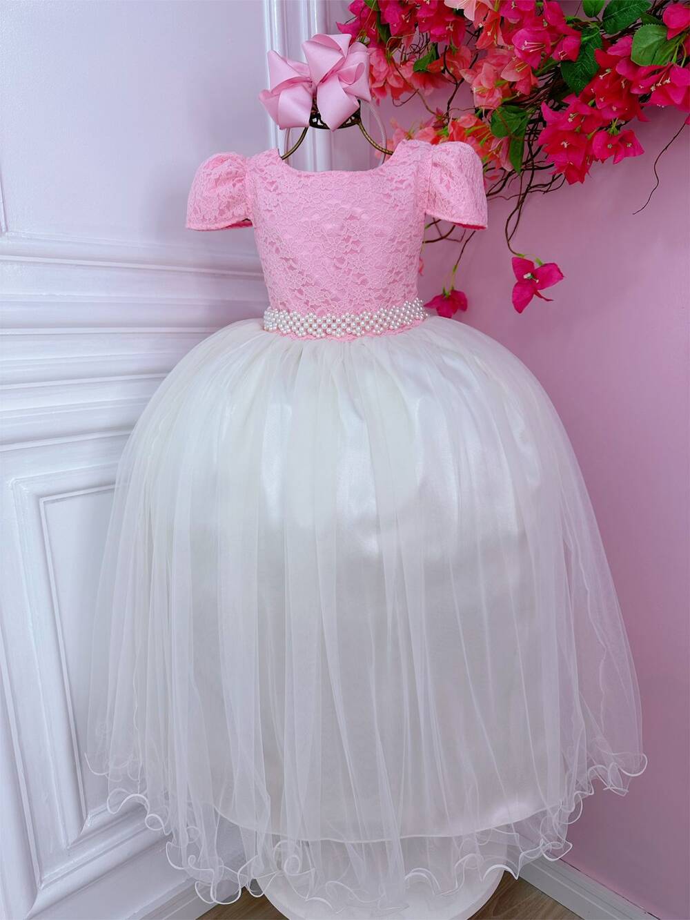 Vestido Infantil Rosa C/ Renda e Saia Off White Damas Longo