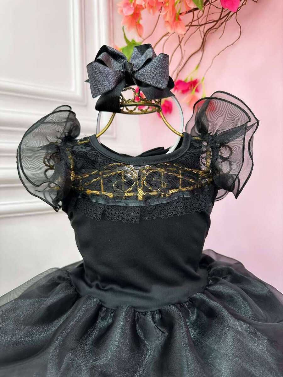 Vestido Infantil Wandinha Preto Com Babados Luxo