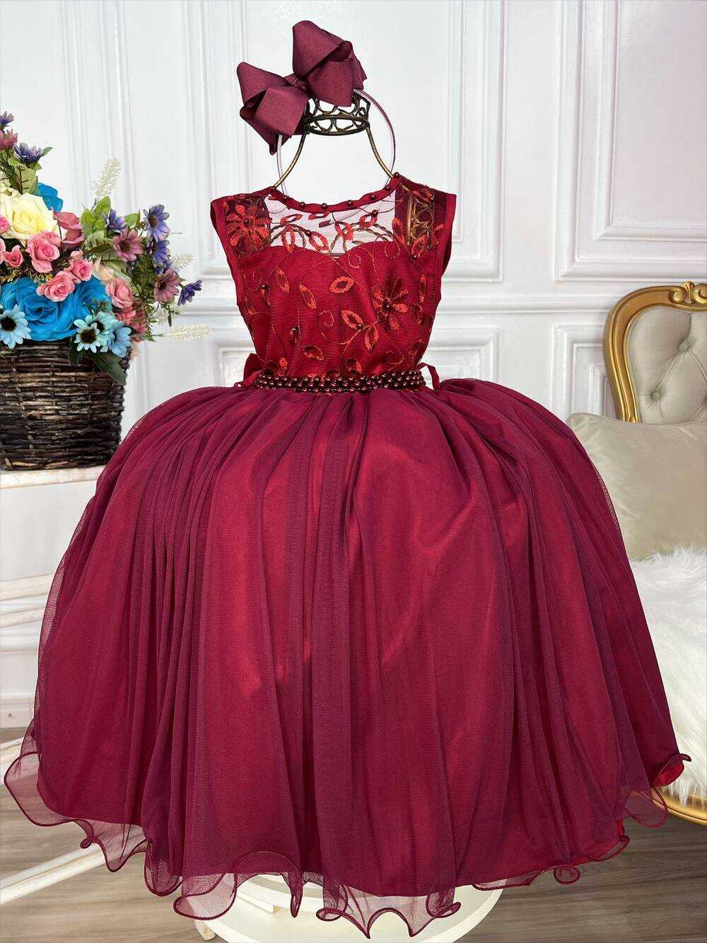 Vestido Infantil Marsala C/ Renda e Cinto de Pérolas Damas