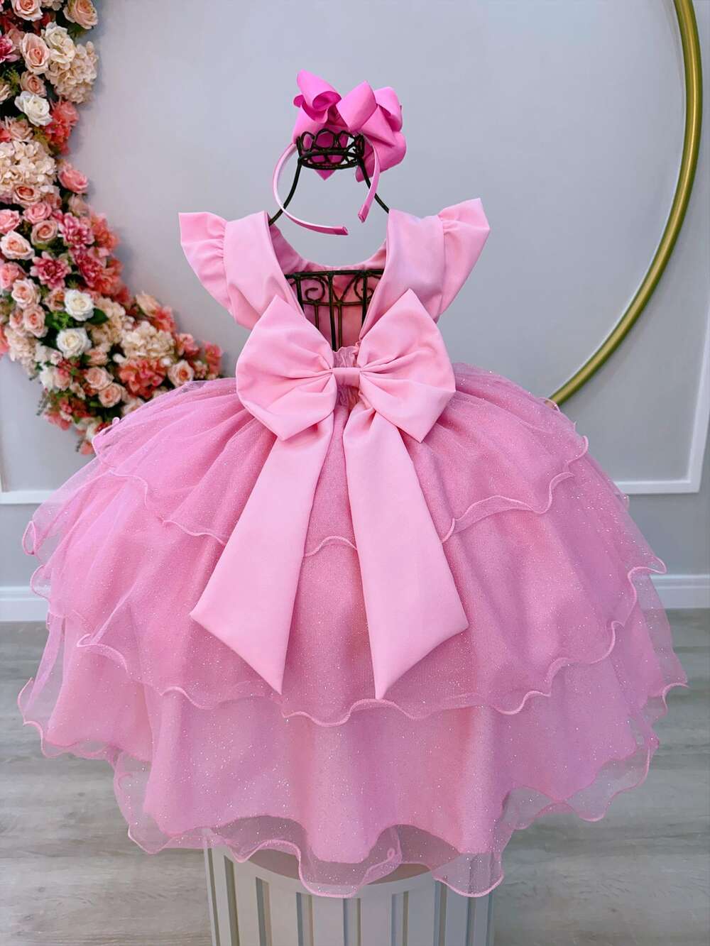 Vestido Infantil Rosa C/ Renda e Glitter Cinto Strass Festas