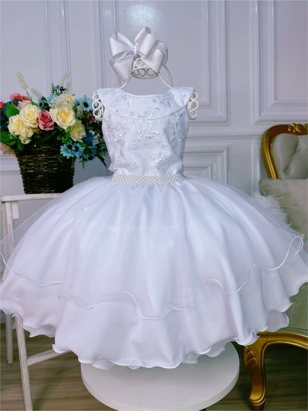 Vestido Infantil Branco C/ Renda Glitter e Cinto de Pérolas