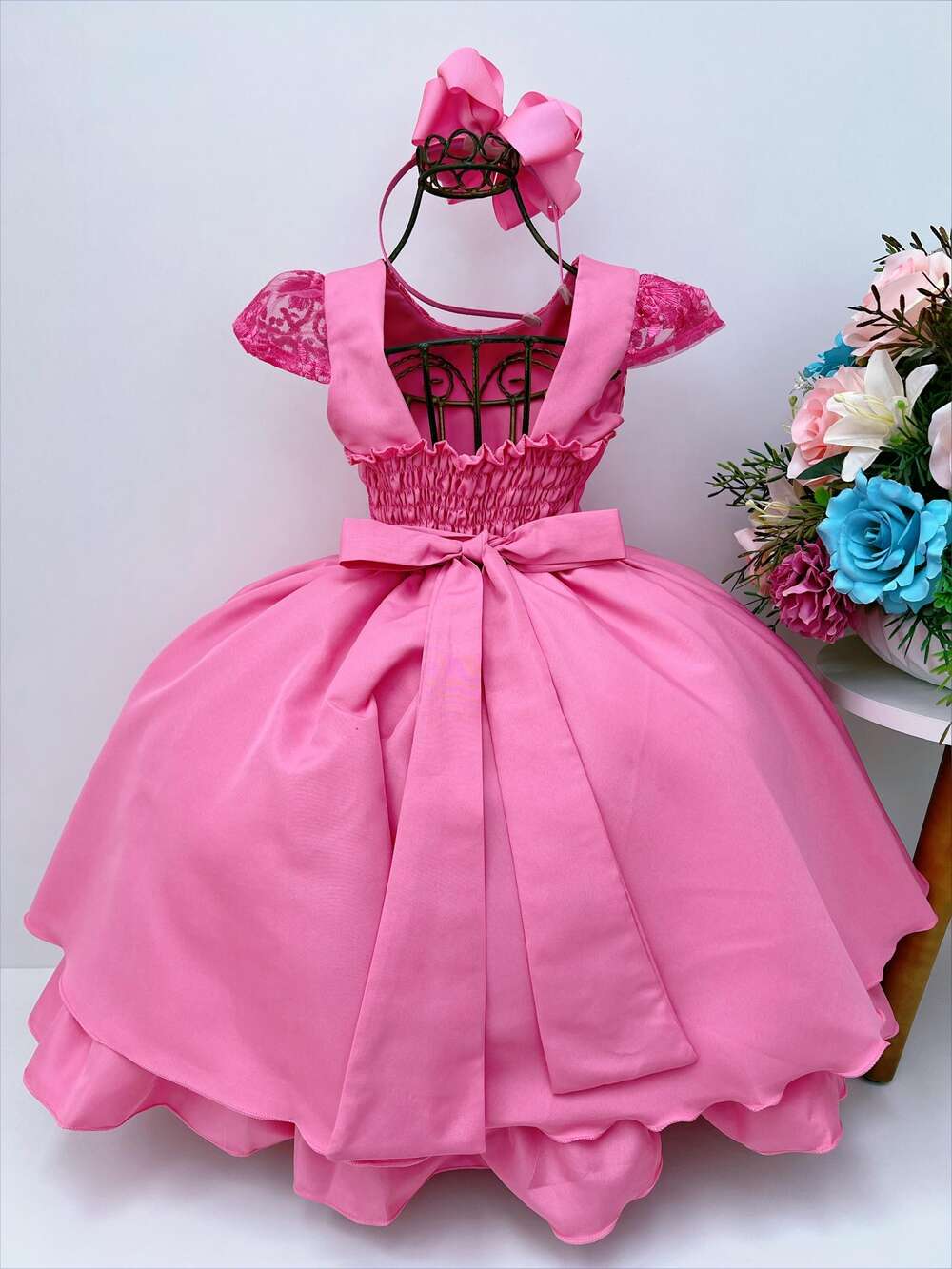 Vestido Infantil Rosa Chiclete Renda Cinto Strass Luxo Damas