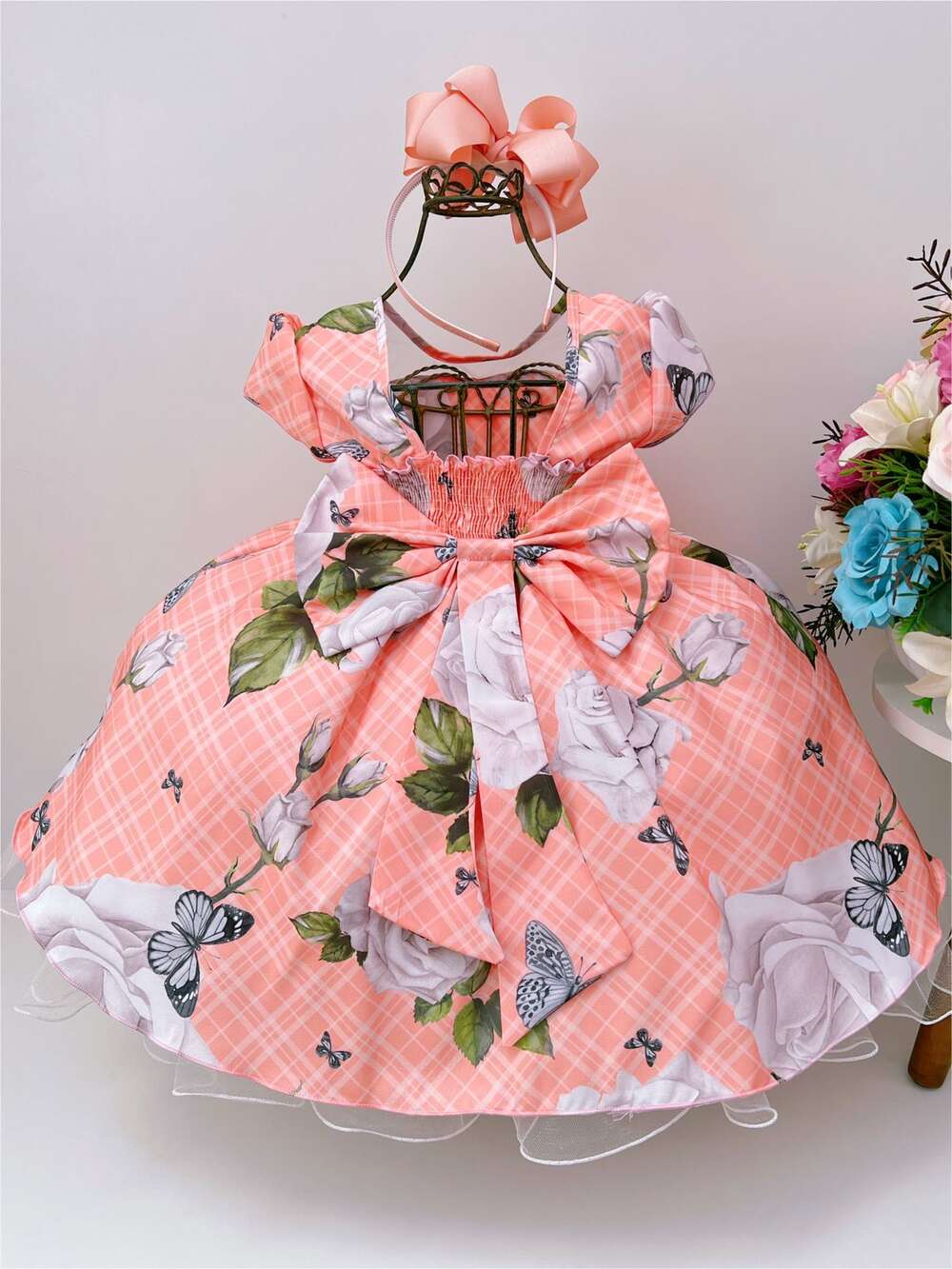 Vestido Infantil Salmão Floral Luxo Cinto Pérolas Festa