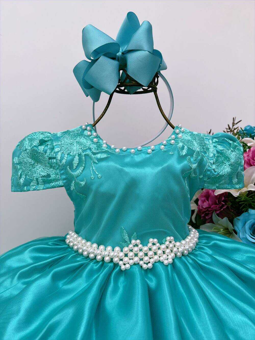 Vestido Infantil Verde Rendado Casamento Damas Luxo Pérolas