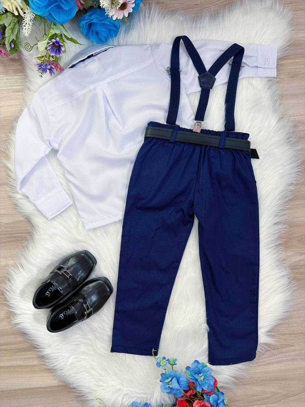 Conjunto Social Camisa Gravata Calça e Susp. Azul Marinho