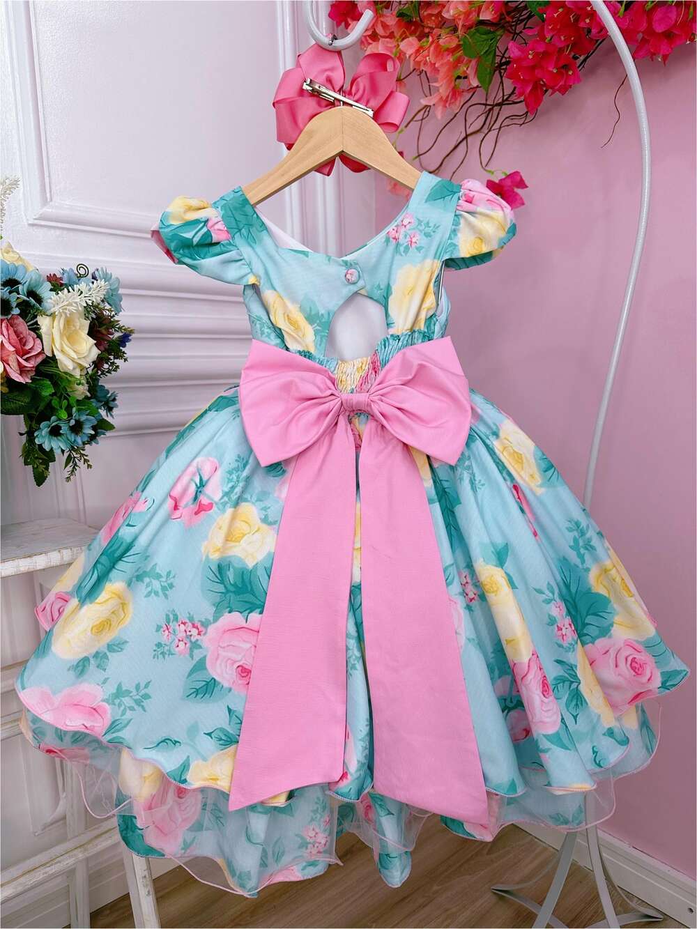 Vestido Infantil Verde Peito Nervura Florido Pérolas Strass