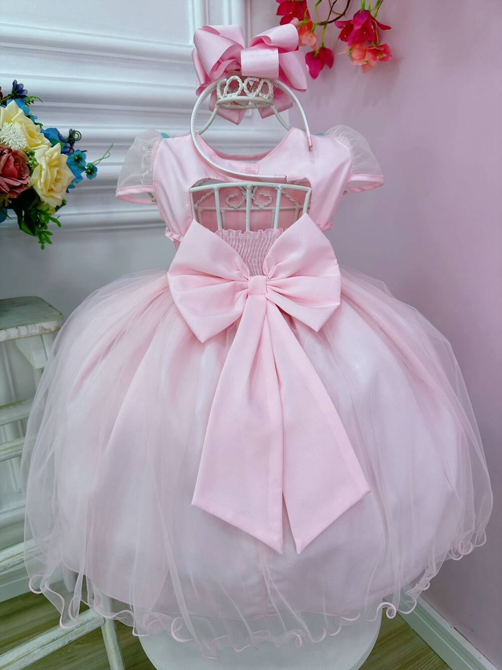 Vestido Infantil Rosa Busto Plissado Aplique Flores Borboleta