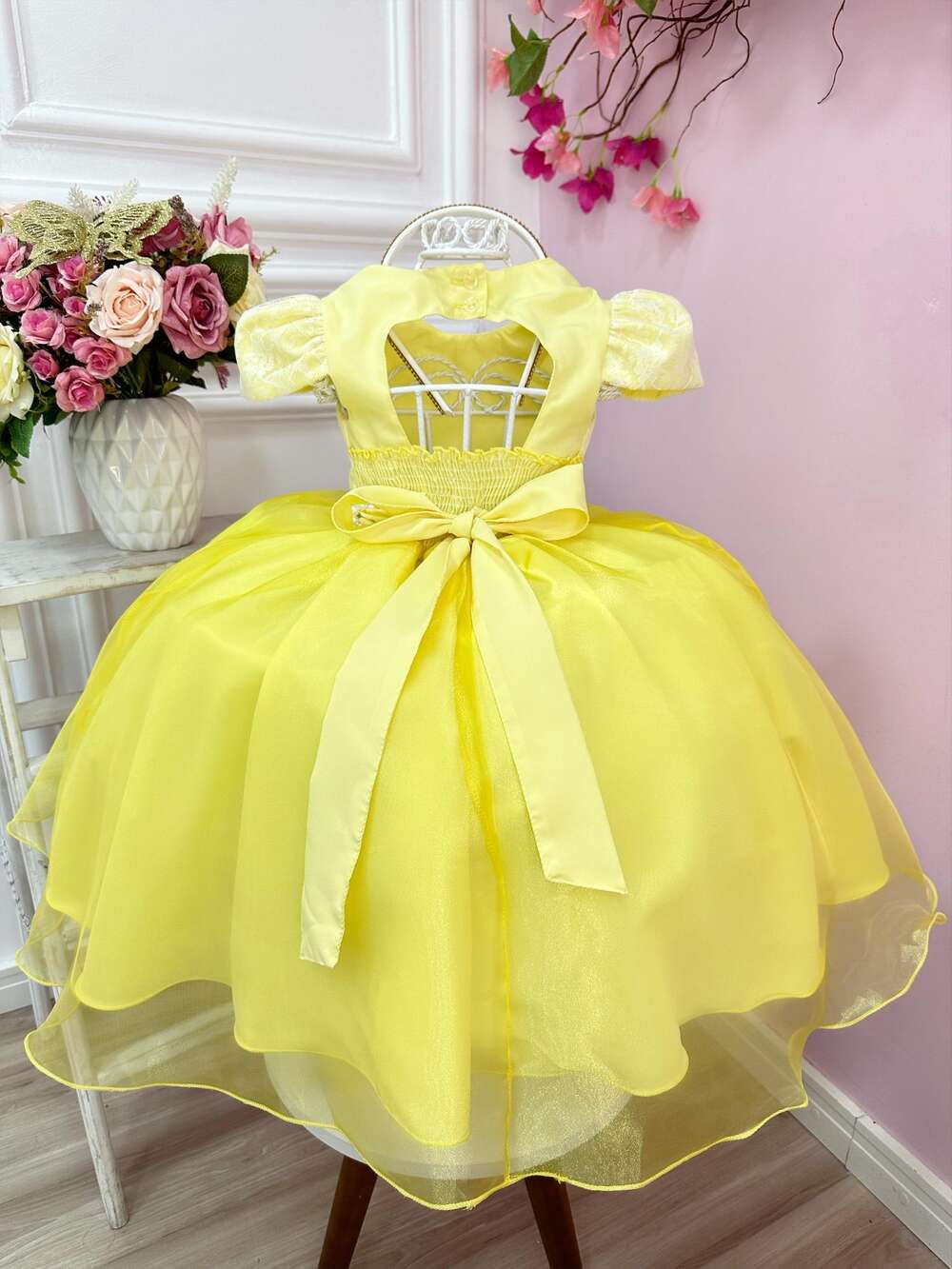 Vestido Infantil Amarelo C/ Renda Cinto Pérola e Tiara Festa