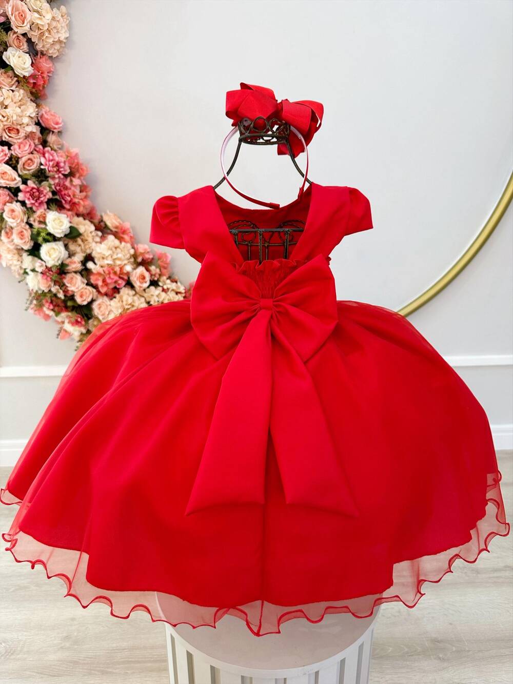 Vestido Infantil Vermelho Busto Plissado Lacinho Natal Festa