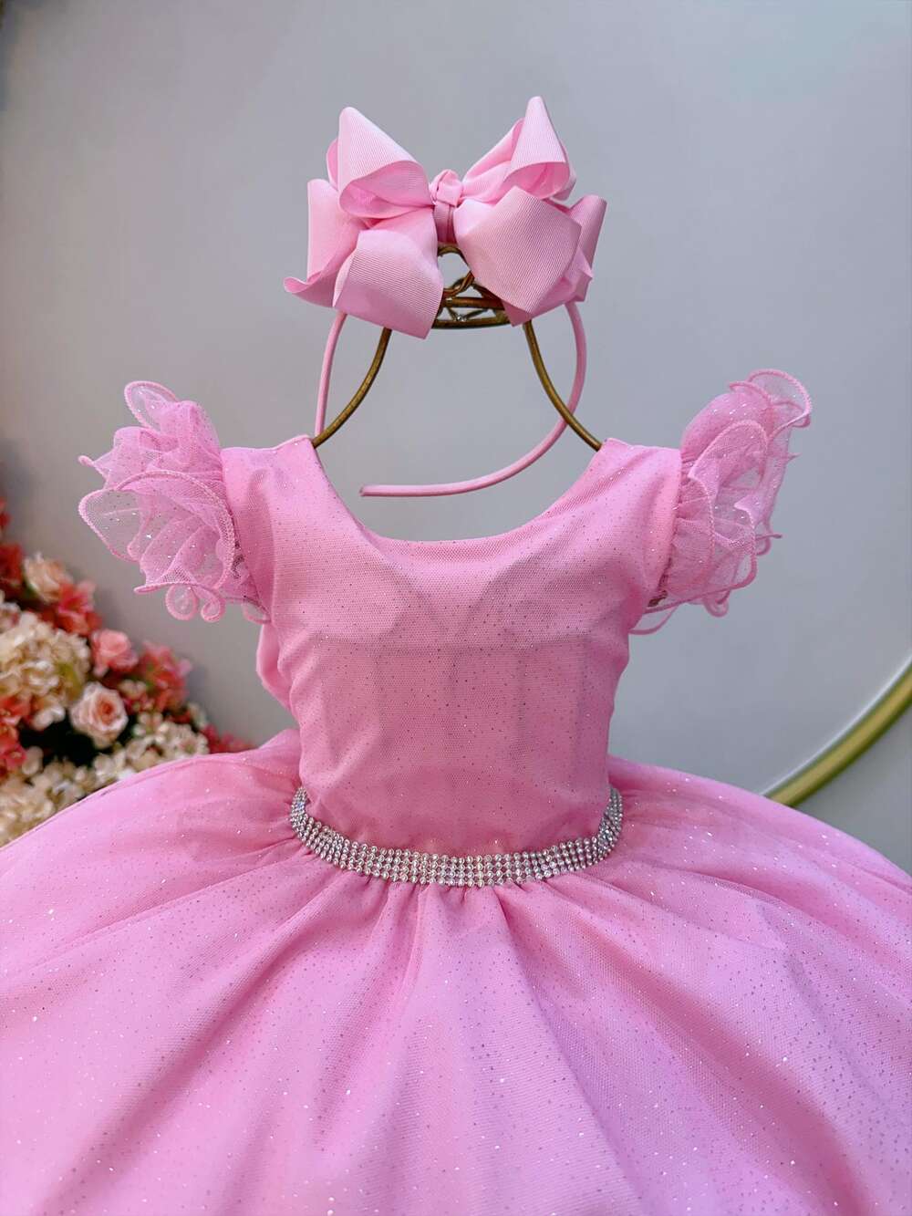 Vestido Infantil Rosa Bebê Luxo C/ Cinto de Strass