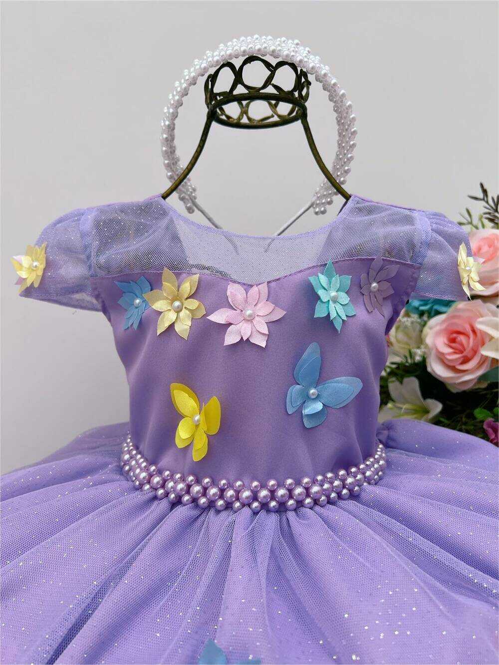 Vestido Infantil Lilás C/ Aplique Borboletas Flores Pérolas