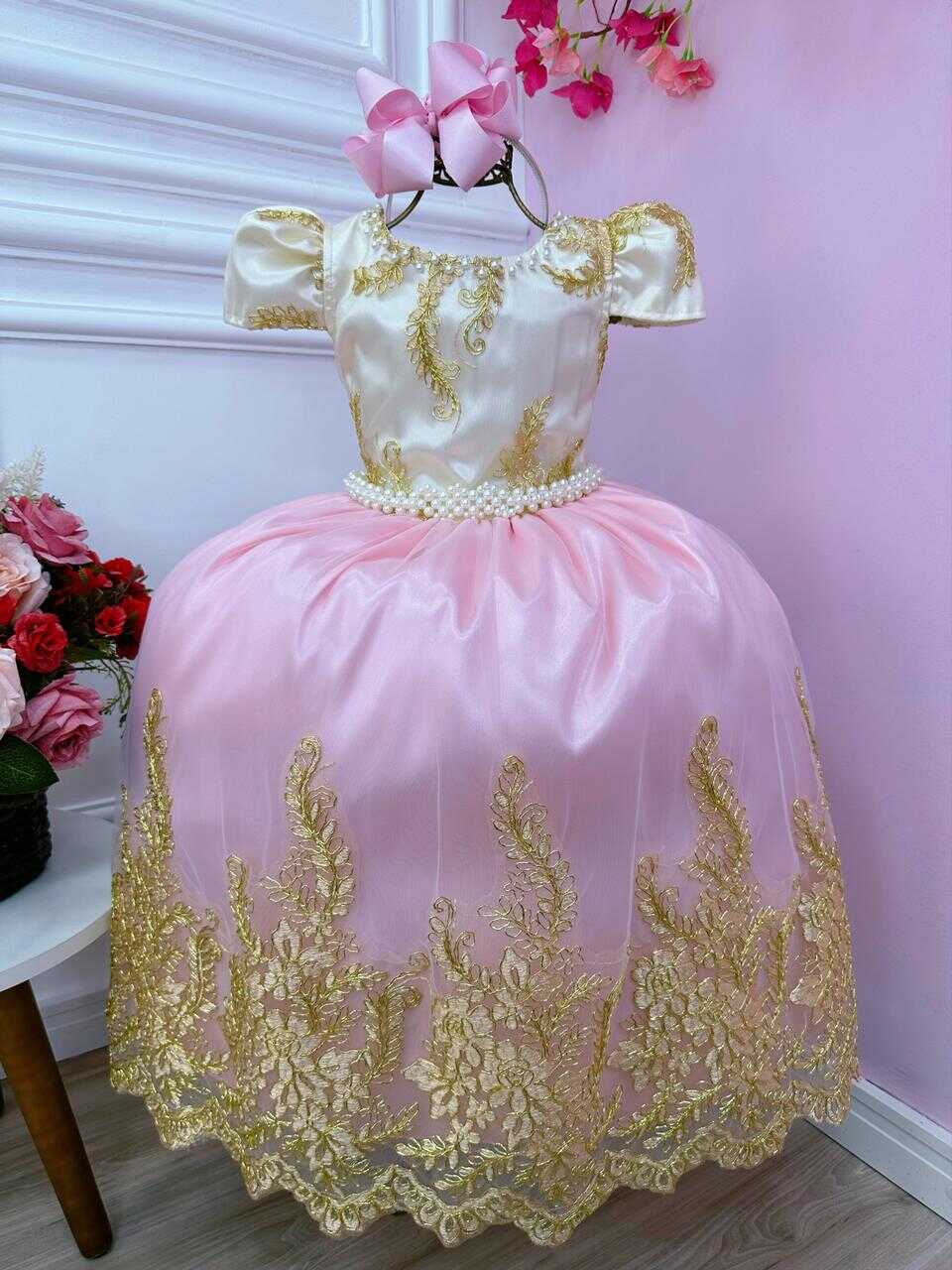 Vestido Infantil Marfim C/ Rosa Cinto Pérolas Renda Realeza