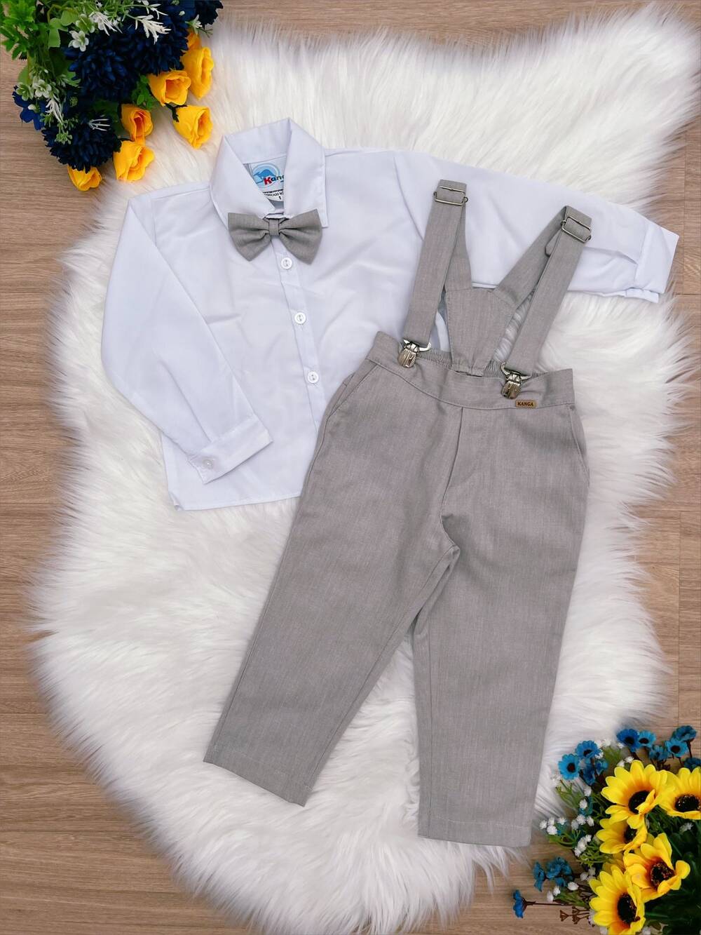 Conjunto Social Calça Camisa Gravata Susp. Cinza Claro