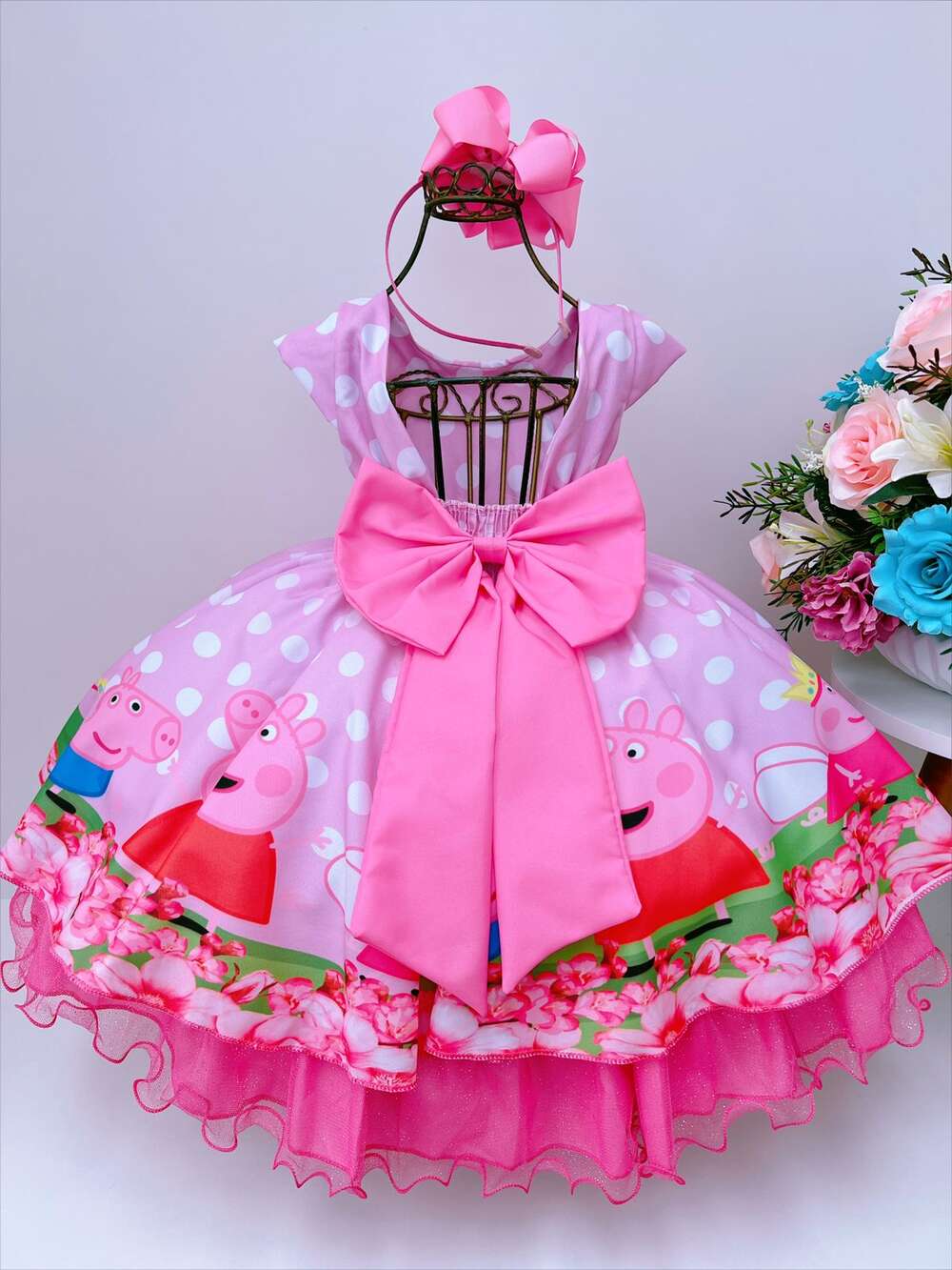 Vestido Infantil Rosa Bolinhas Brancas Peppa