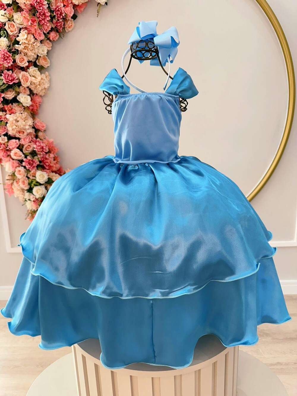 Fantasia Infantil Frozen Cinderela Azul Serenity Tule Brilho