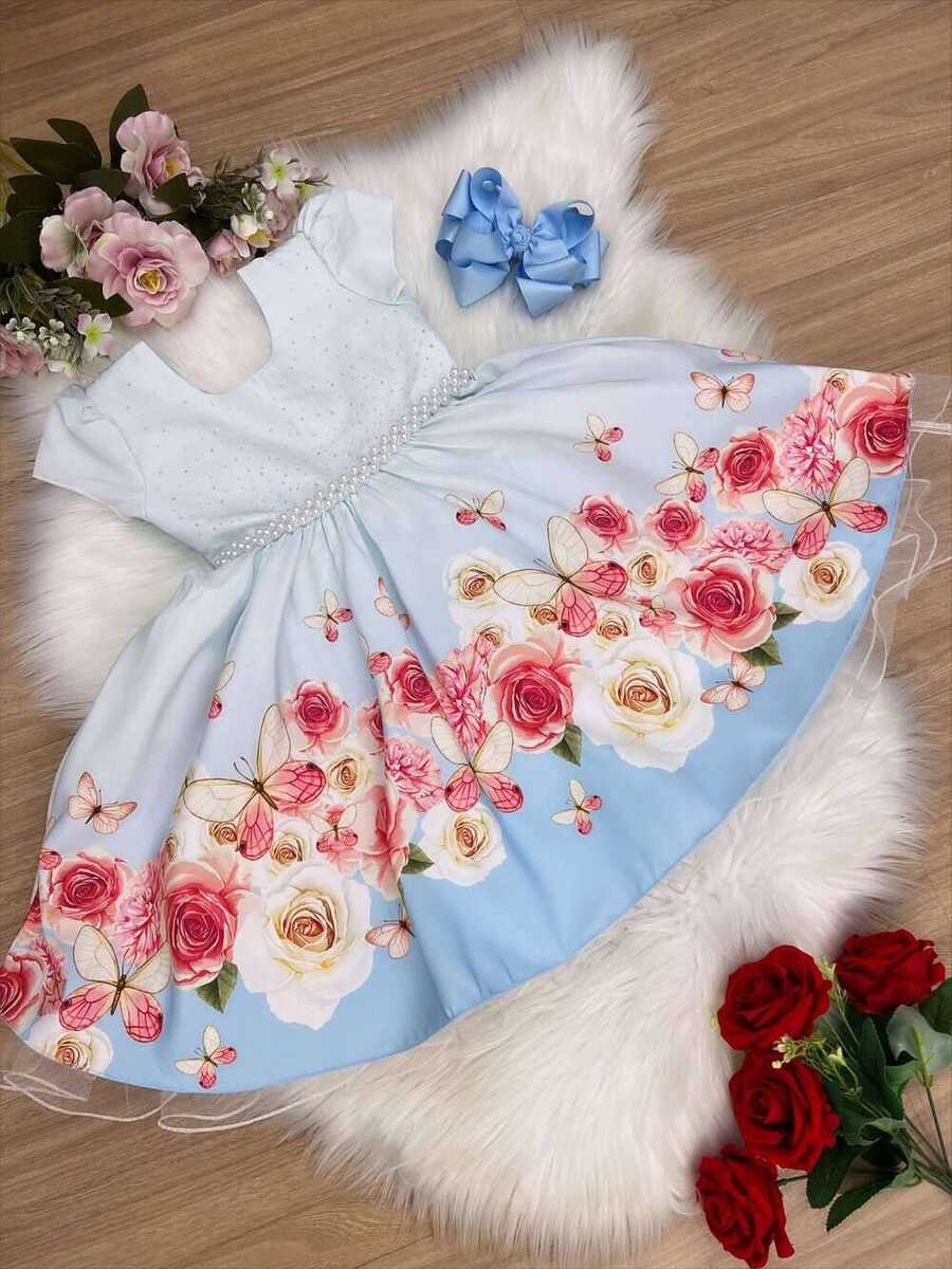 Vestido Infantil Azul Bebê Jardim das Borboletas com Pérolas