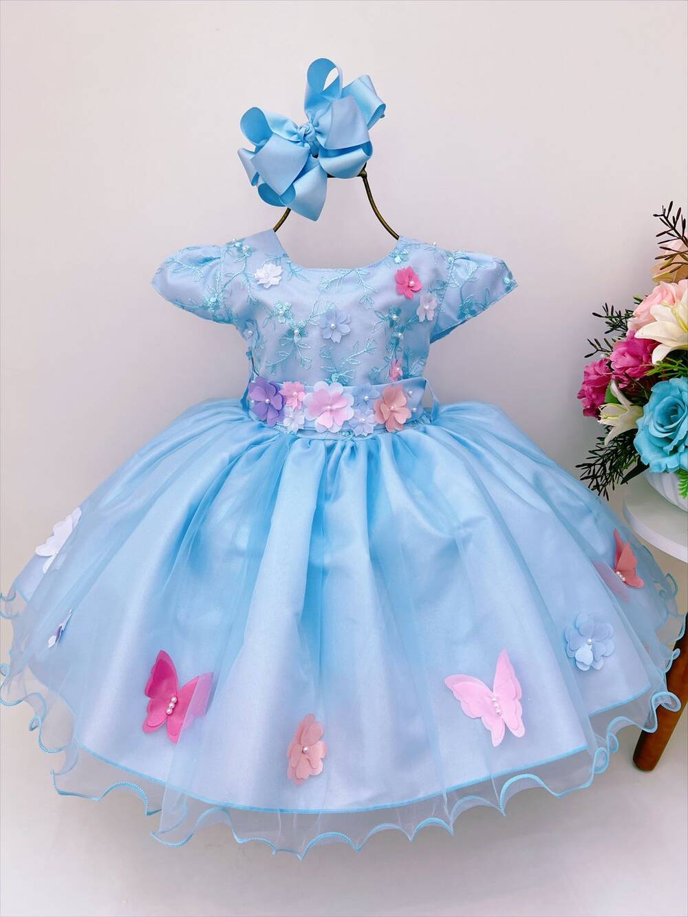 Vestido Infantil Azul Renda Aplique Flores Borboletas Perolas