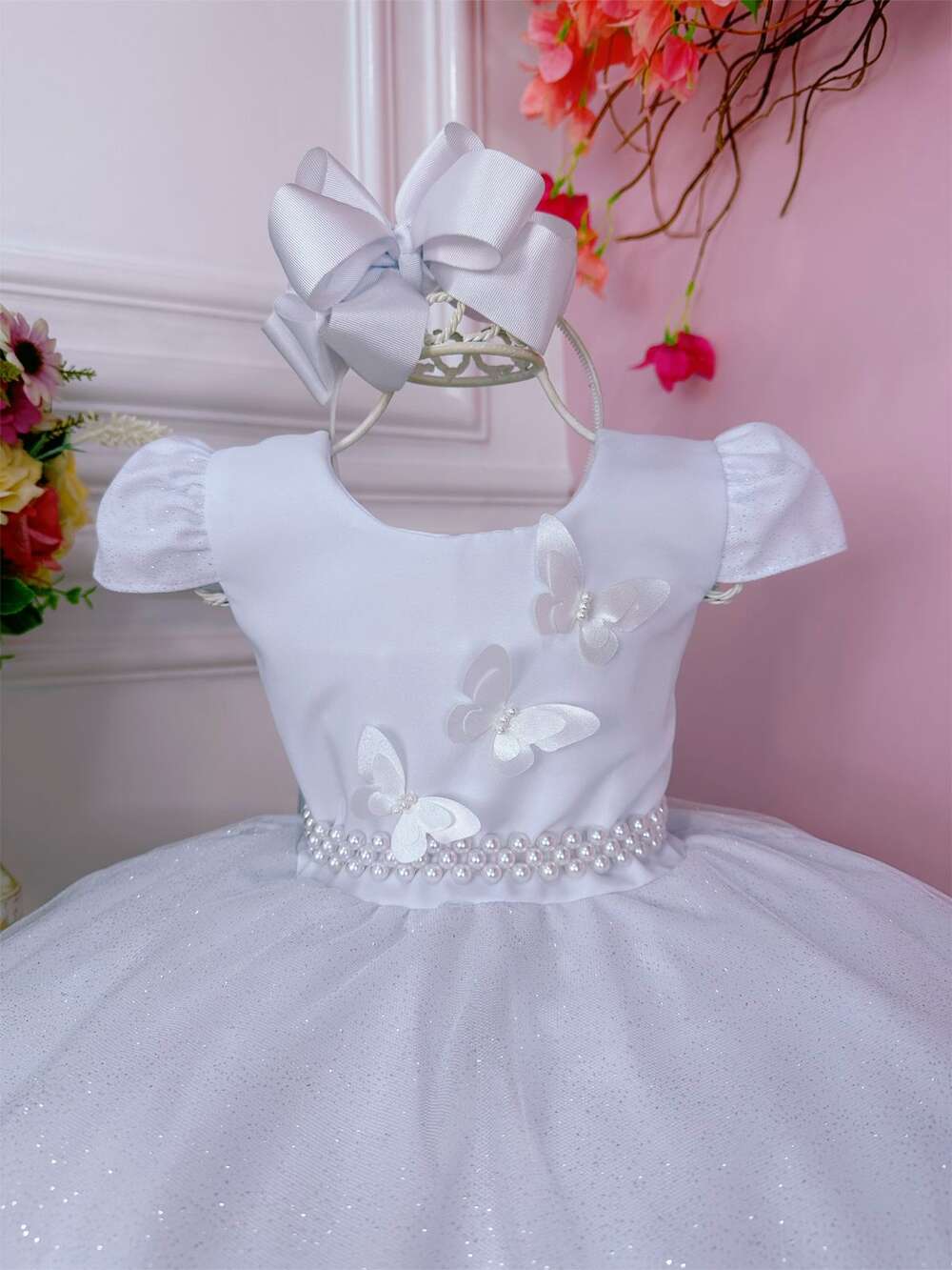 Vestido Infantil Branco C/ Glitter e Aplique de Borboletas