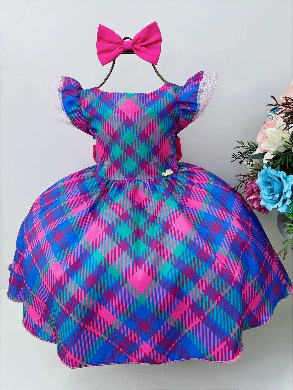 Vestido Infantil Azul Royal Colorido Xadrez C/ Laço Luxo