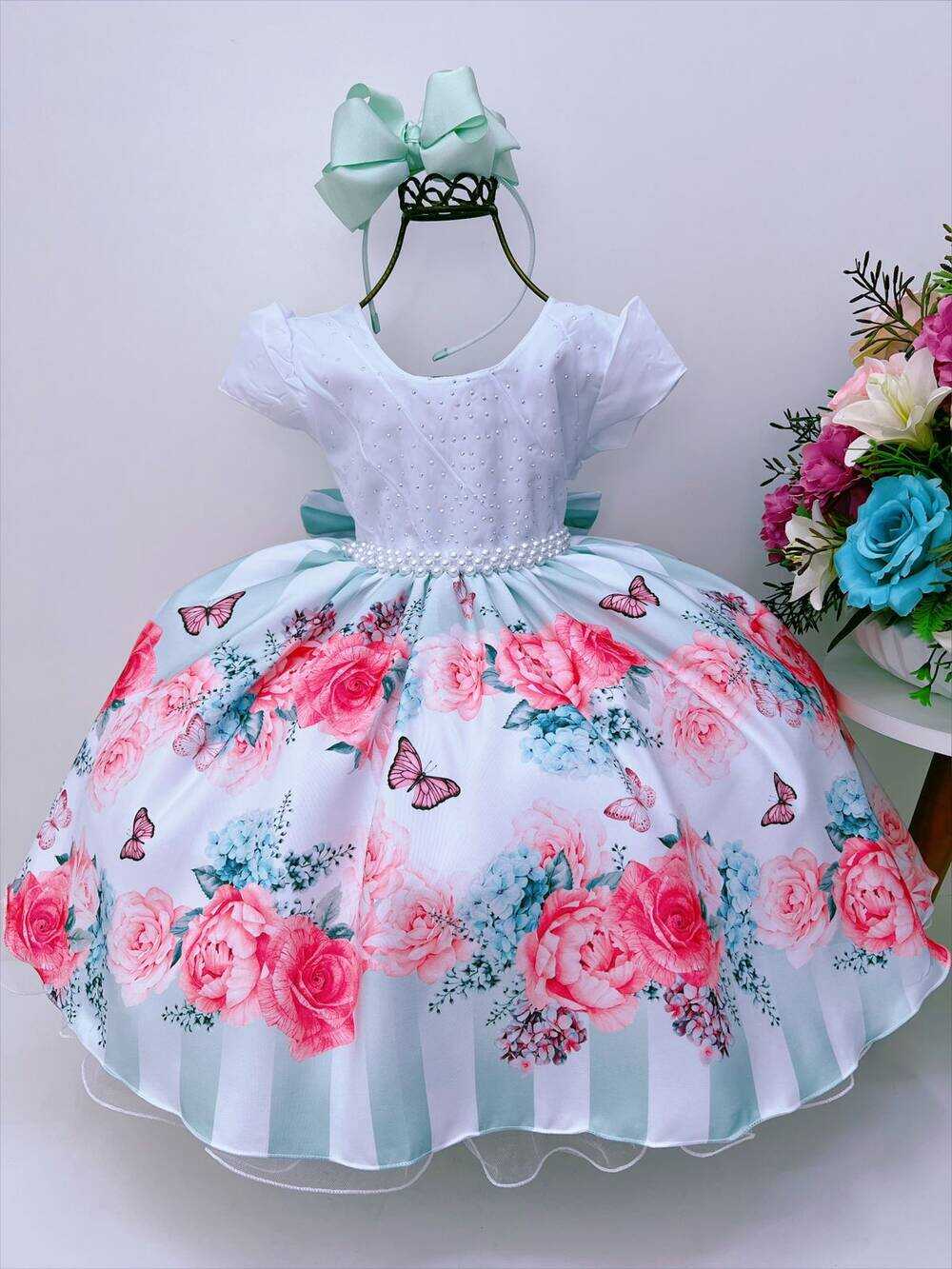 Vestido Infantil Branco Jardim das Borboletas Strass Pérolas