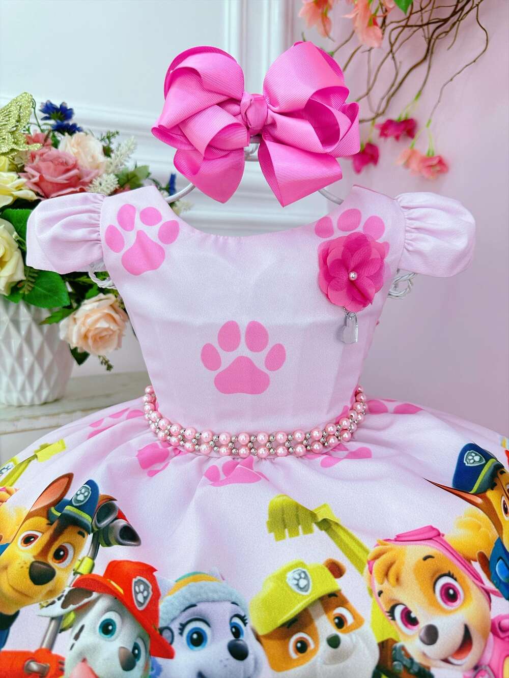 Vestido Infantil Patrulha Canina Rosa Barrado Chiclete