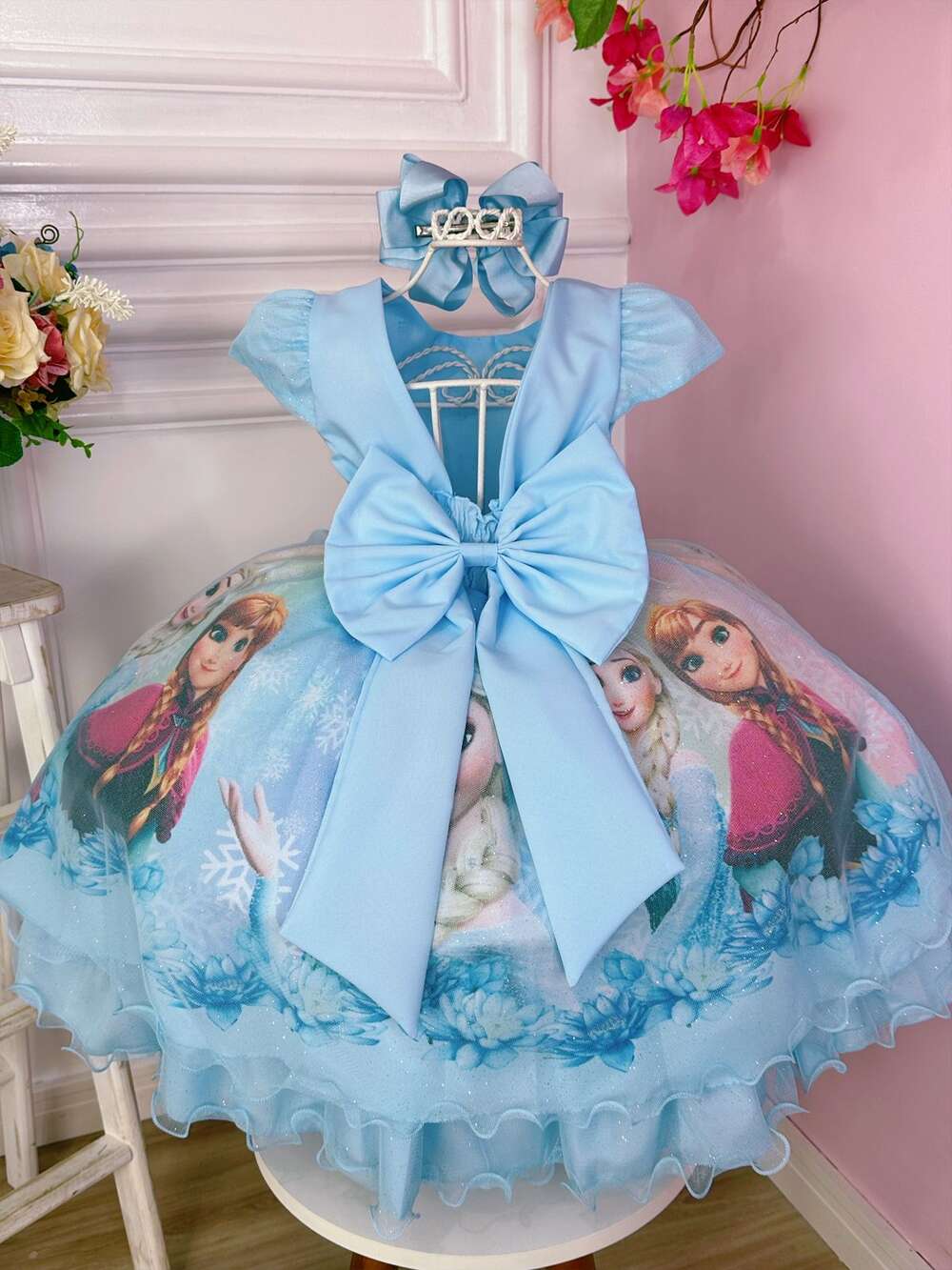 Vestido Infantil Frozen Elsa e Anna Azul Princesas Pérolas