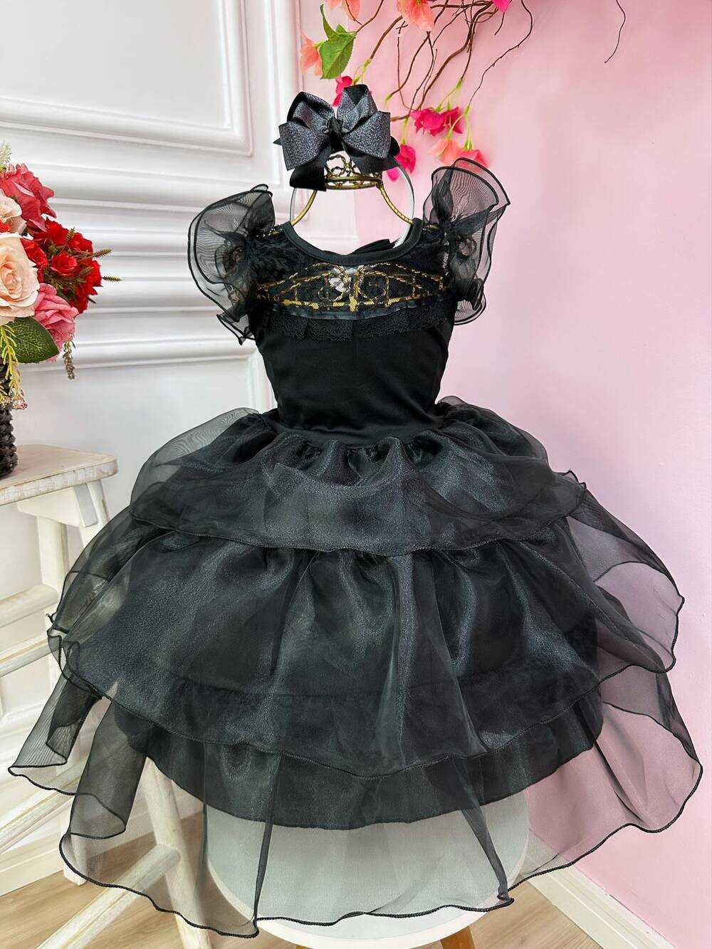 Vestido Infantil Wandinha Preto Com Babados Luxo