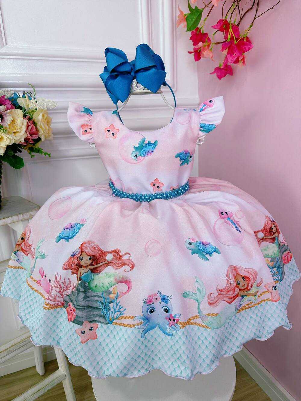 Vestido Infantil Princesa Sereia Ariel e Amigos C/ Pérolas