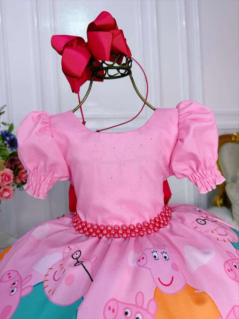 Vestido Infantil Família Peppa Rosa Chiclete Peito Strass