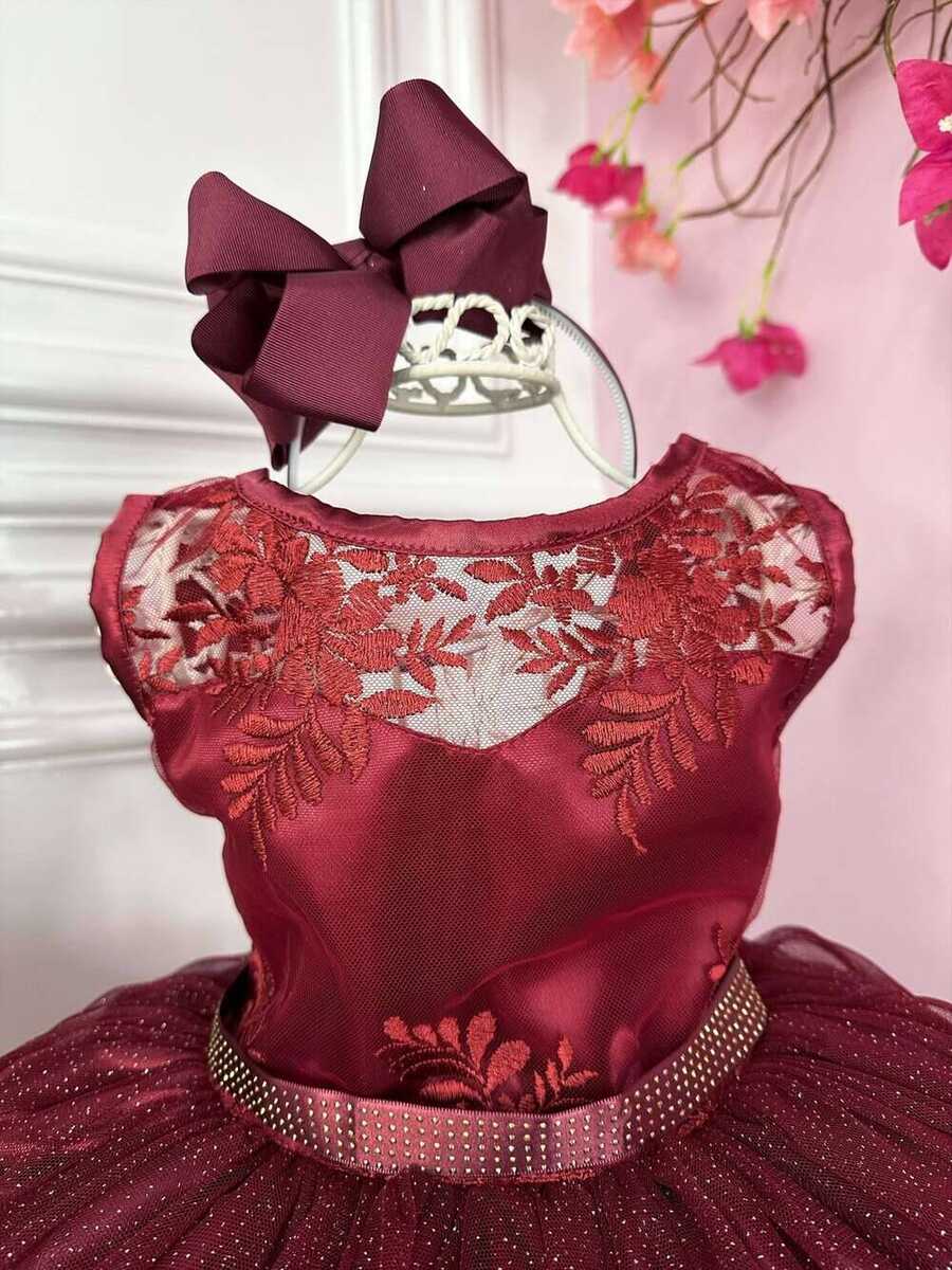 Vestido Infantil Marsala Renda e Tule C/ Brilho Damas Honra