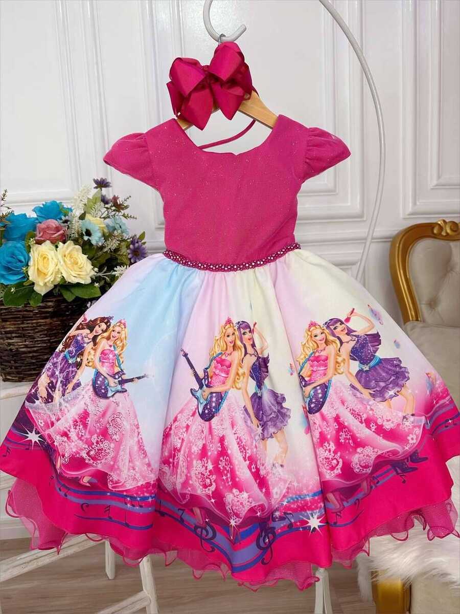 Vestido Infantil Princesa Festa da Barbie Pink Peito Glitter