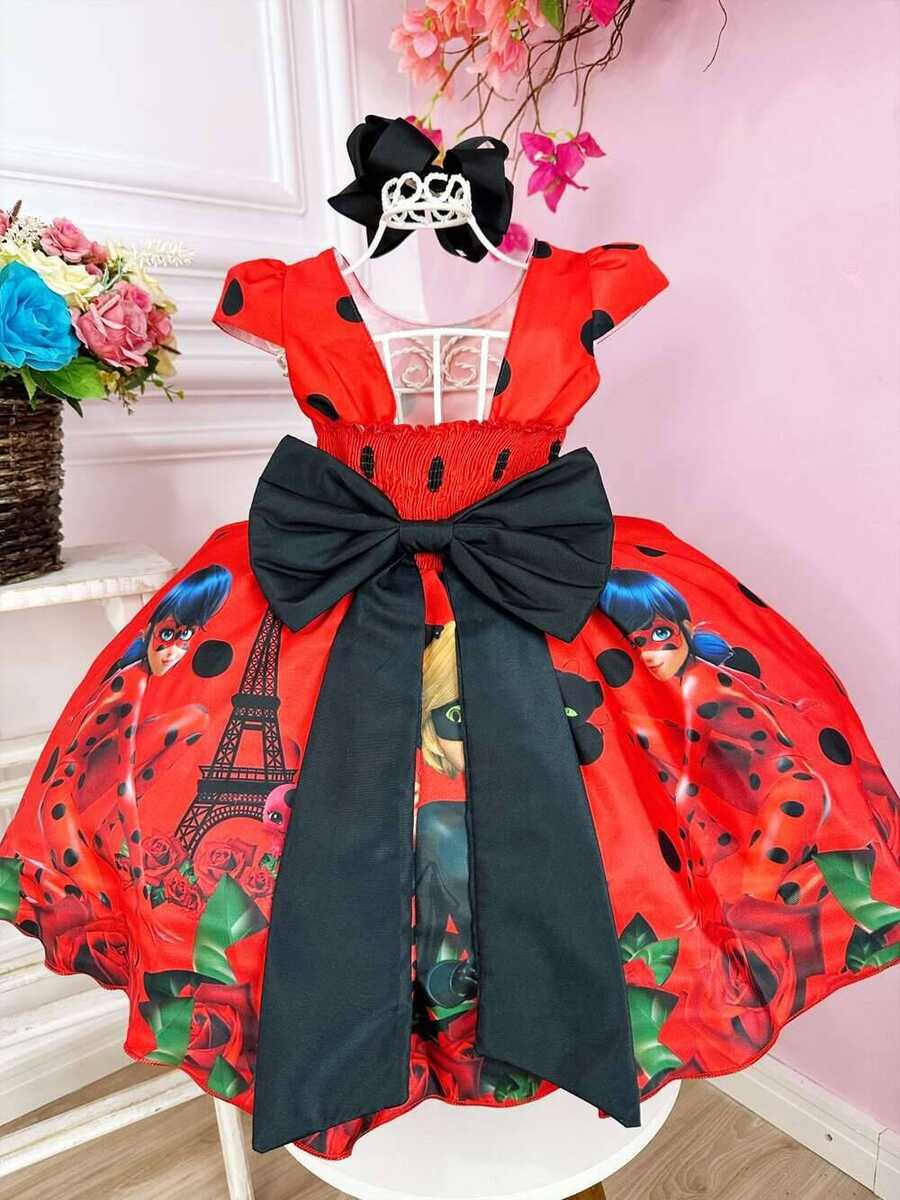 Vestido Infantil LadyBug e Amigos Vermelho Com Broche