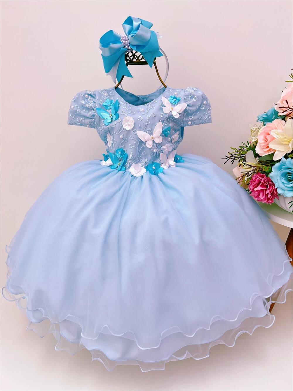 Vestido Infantil Azul C/ Renda e Aplique Borboletas e Flores