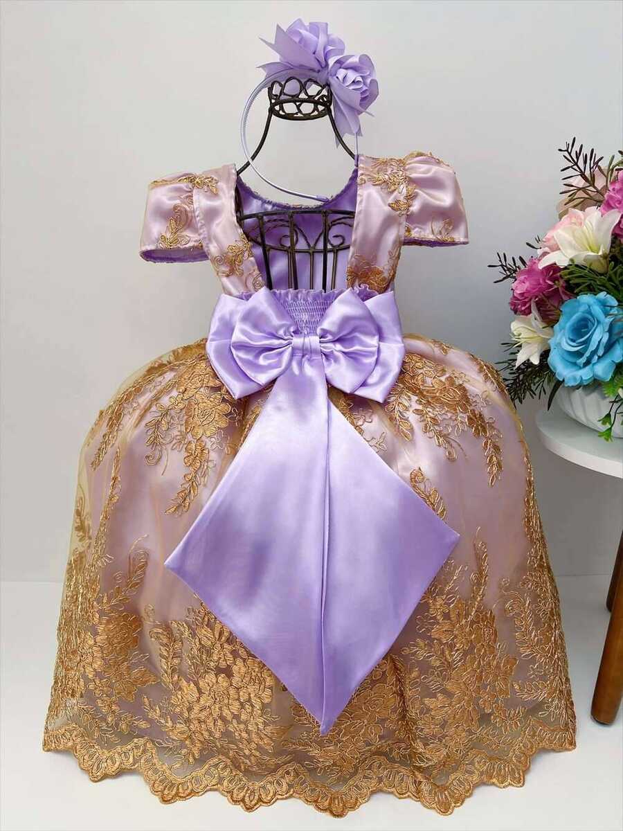 Vestido Infantil Lilás C/ Renda Dourada Realeza Pérolas