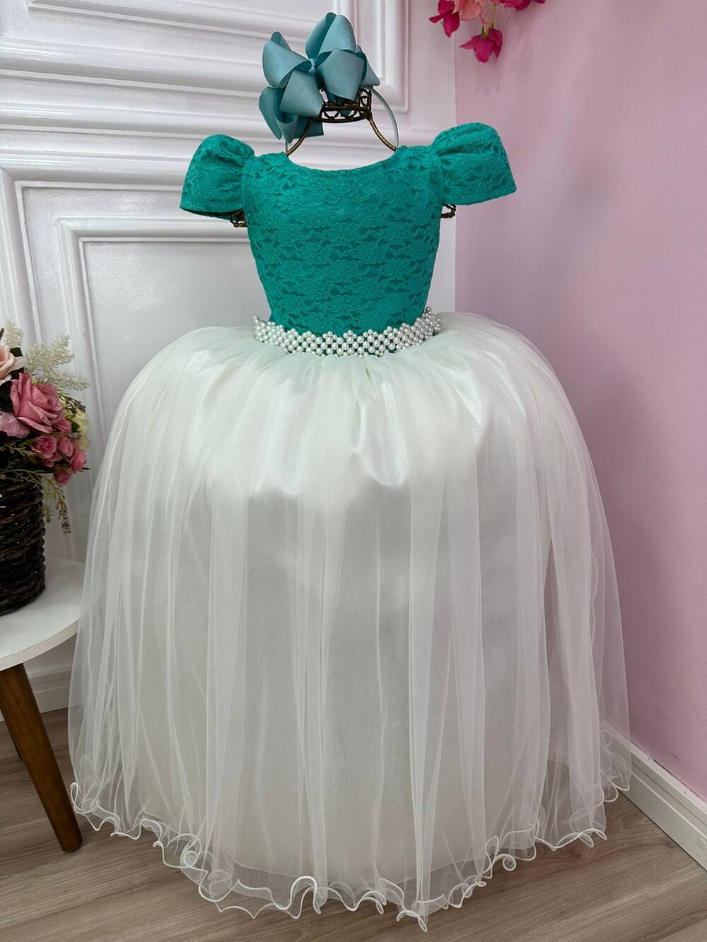 Vestido Infantil Verde C/ Renda Saia Off White Damas Longo