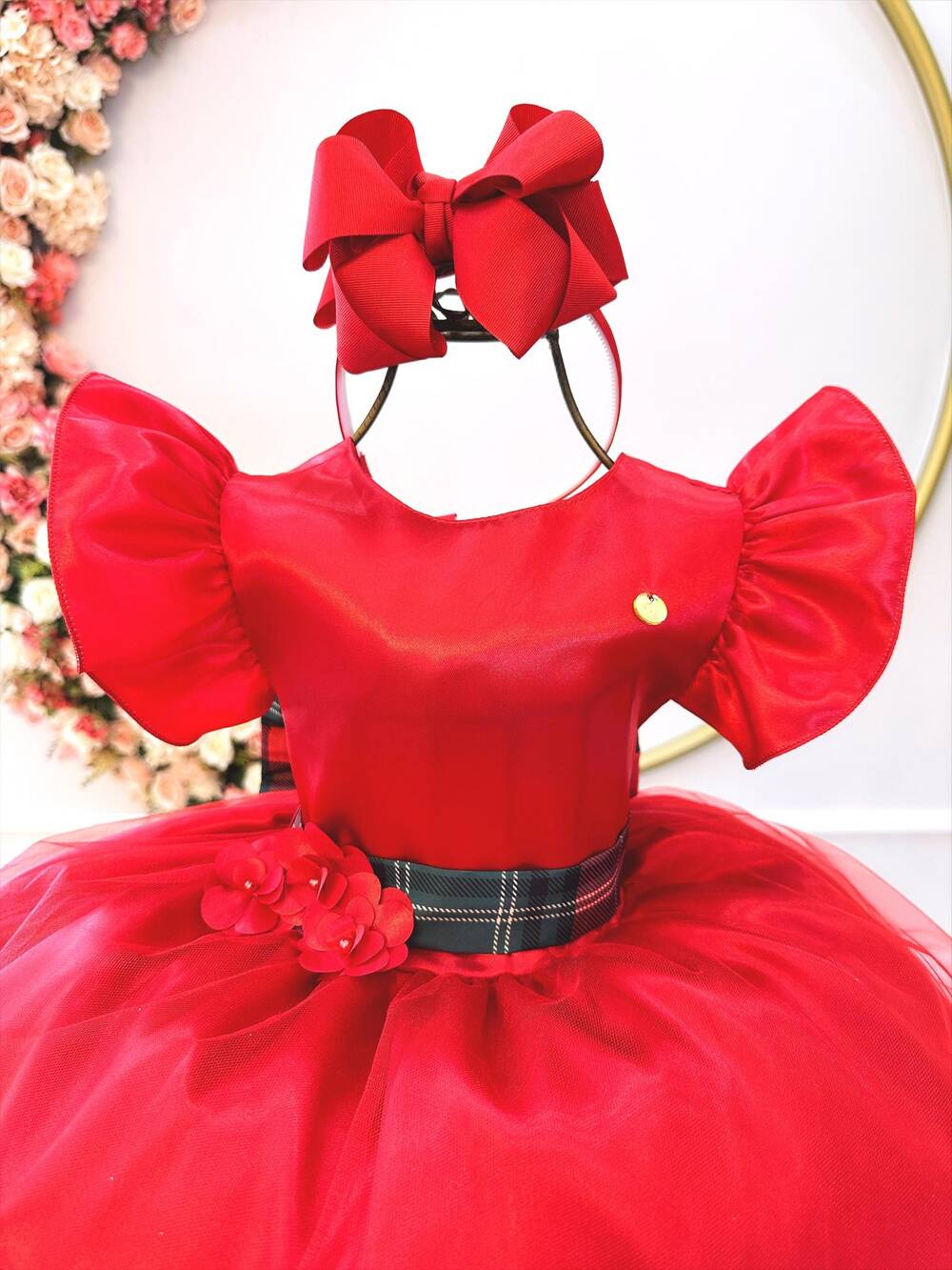 Vestido Infantil Vermelho C/ Broche de Flores Festas Natal