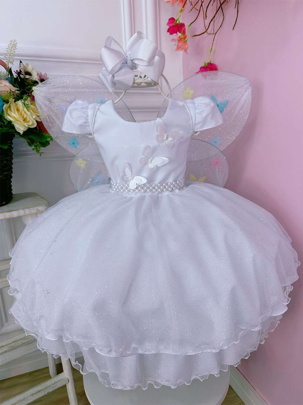 Vestido Infantil Branco C/ Glitter e Aplique de Borboletas