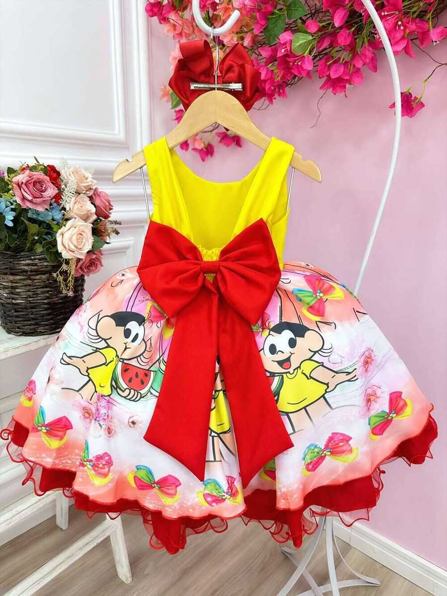 Vestido Infantil Festa da Magali Com Strass Aplique Laço