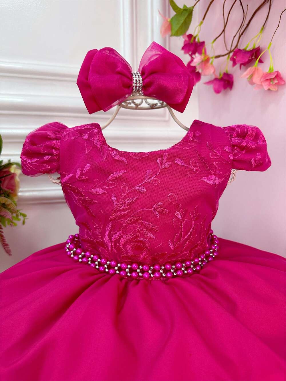 Vestido Infantil Pink C/ Laço e Renda Cinto de Pérolas