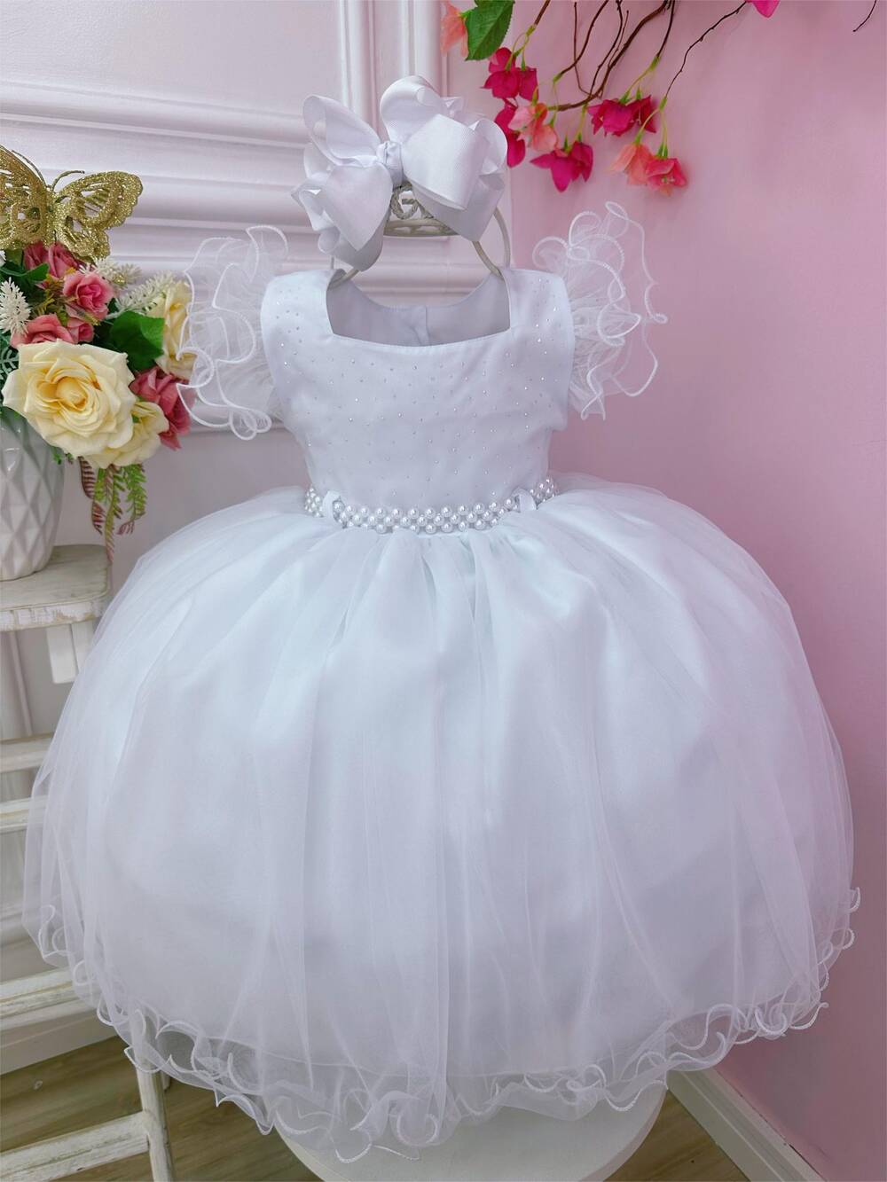 Vestido Infantil Branco C/ Strass no Busto e Cinto de Pérolas