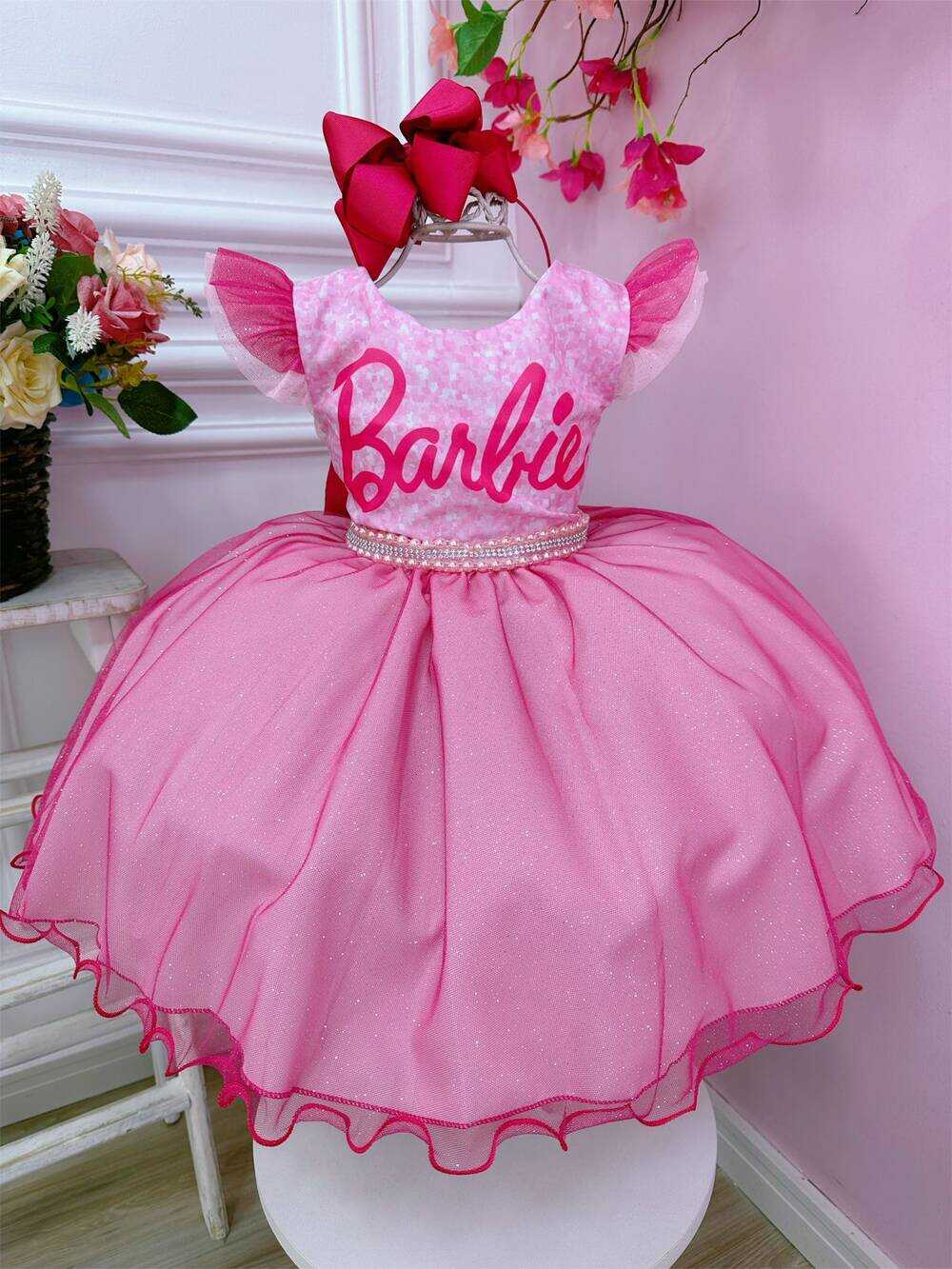 Vestido infantil Barbie Rosa Babados Glitter Brilho luxo