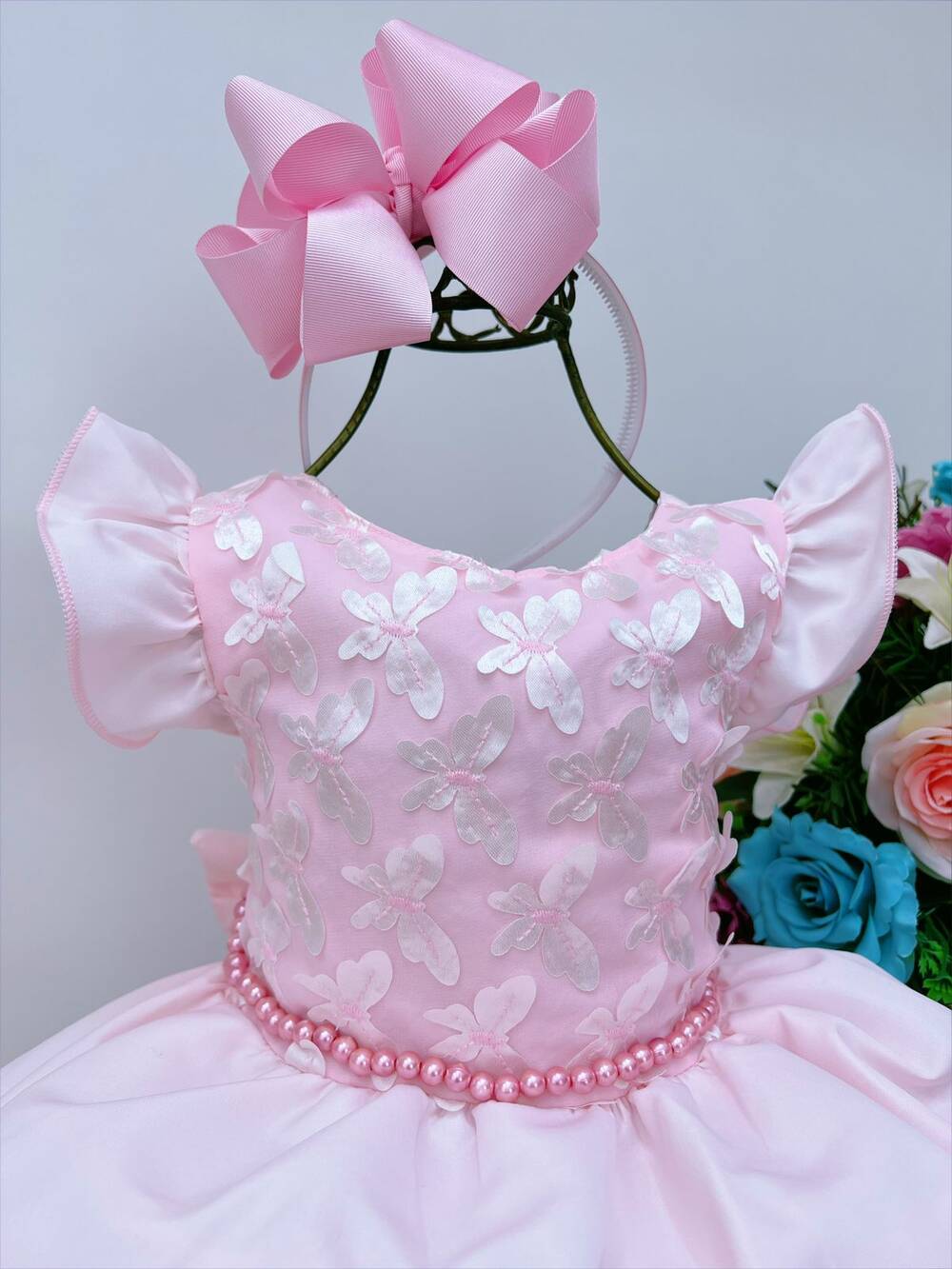 Vestido Infantil Rosa C/ Aplique de Borboletas Pérolas Luxo