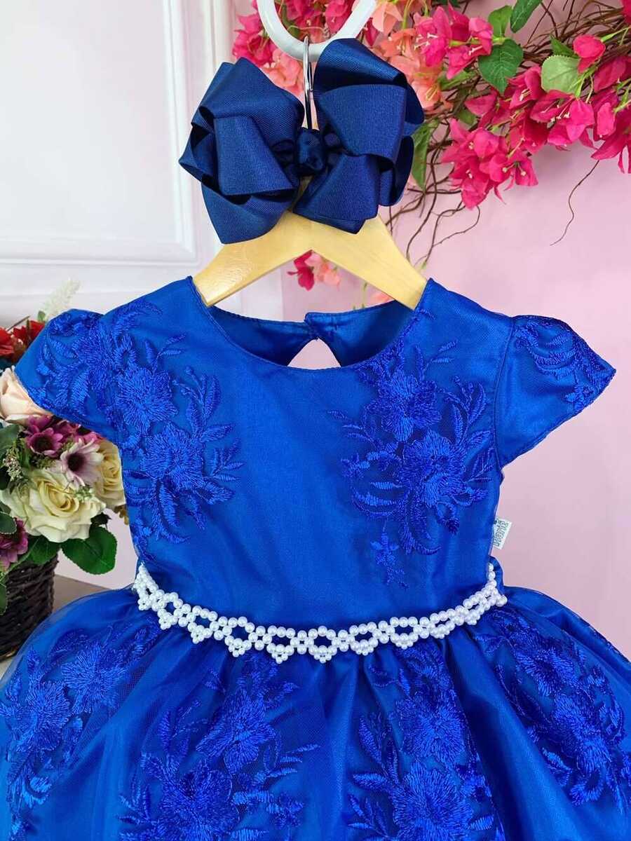 Vestido Infantil Azul Royal C/ Renda Realeza Cinto Pérolas