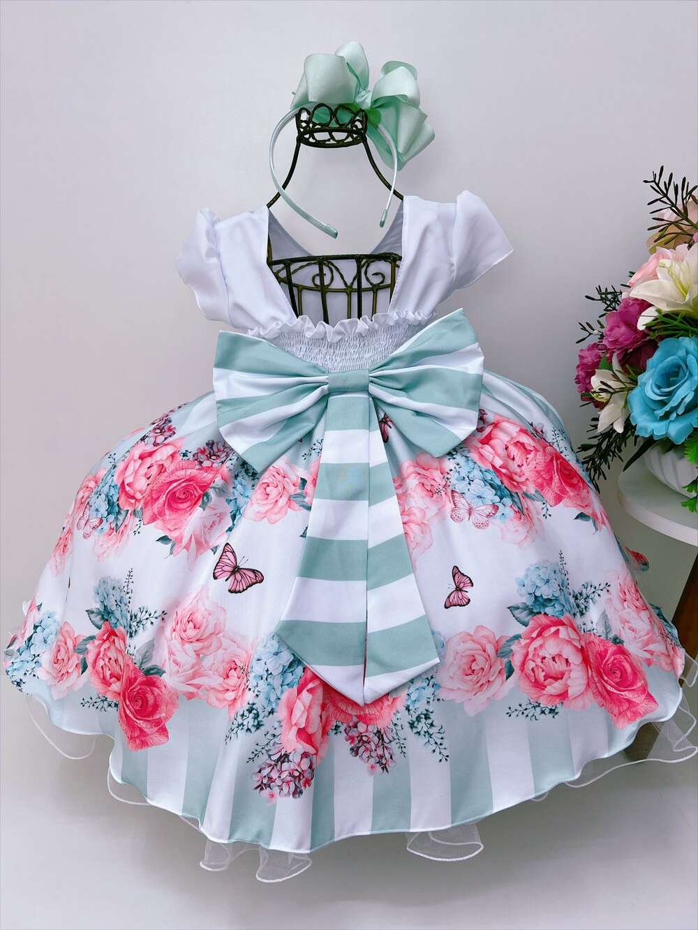 Vestido Infantil Branco Jardim das Borboletas Strass Pérolas