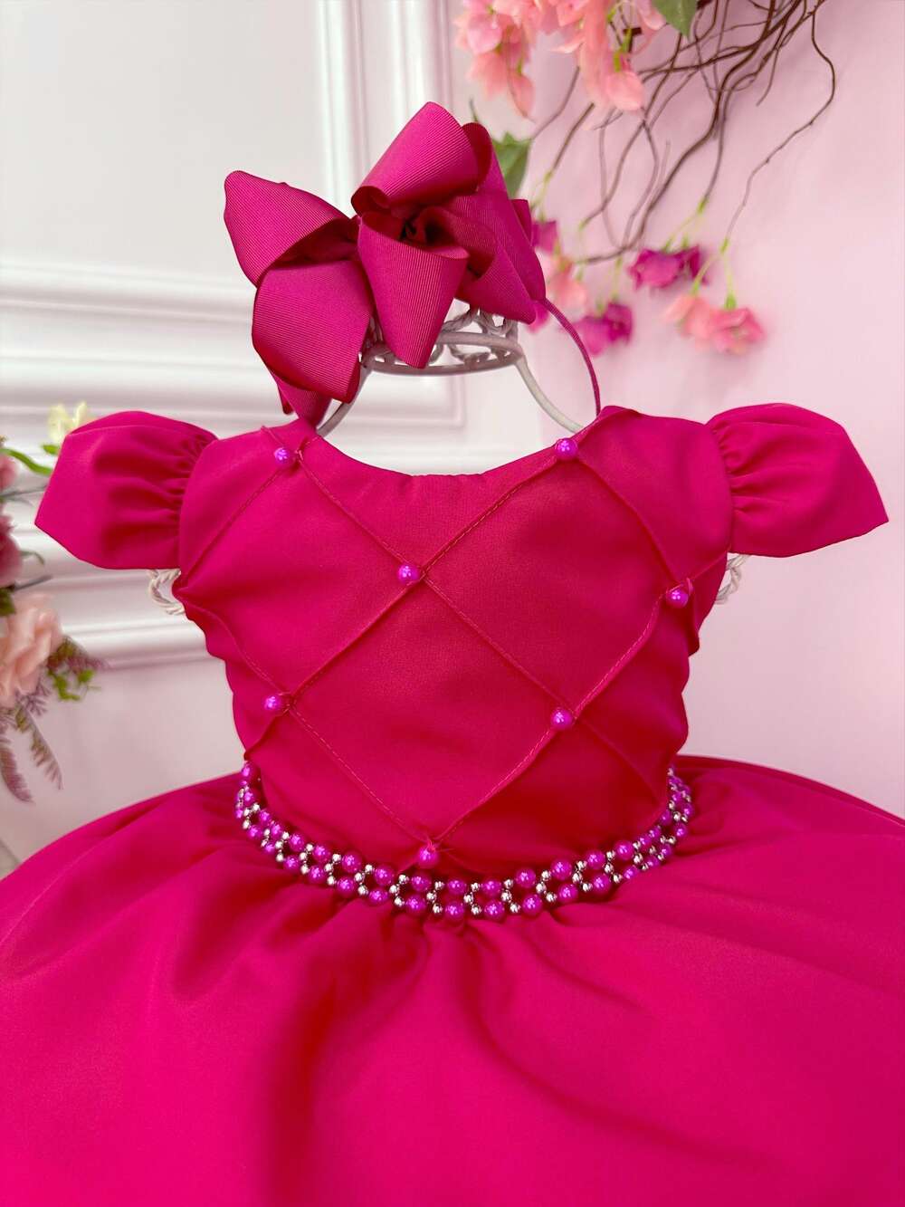 Vestido Infantil Pink C/ Cinto de Pérolas Casamento Luxo