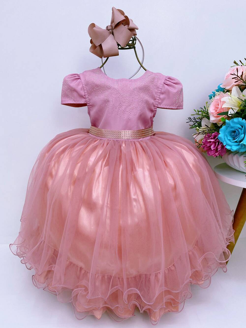 Vestido Infantil Rose Peito C/ Strass Damas Luxo Mangas