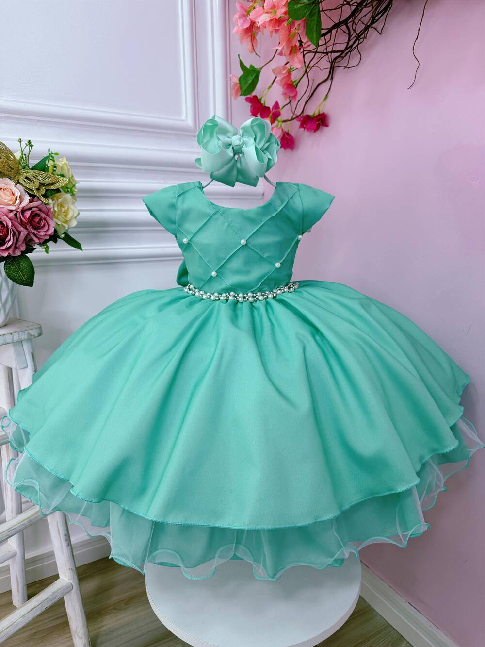 Vestido Infantil Verde C/ Busto Nervura e Pérolas Festas