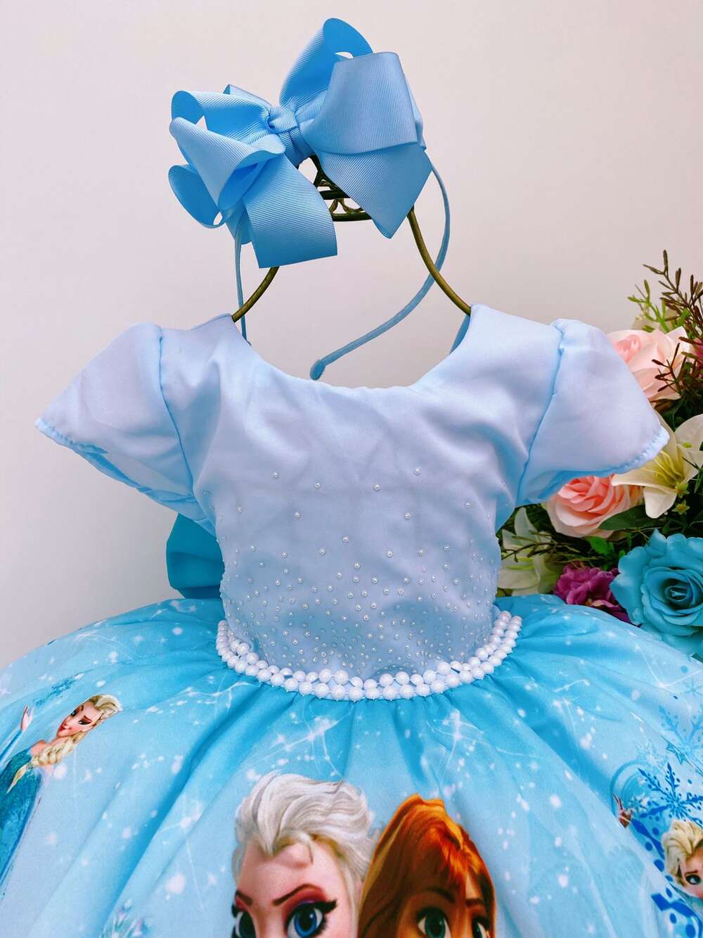 Vestido Infantil Frozen Elsa Azul Cinto Pérolas Luxo