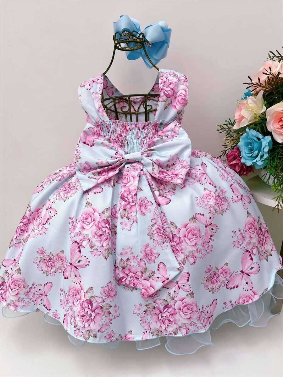 Vestido Infantil Azul Jardim das Borboletas Pérolas